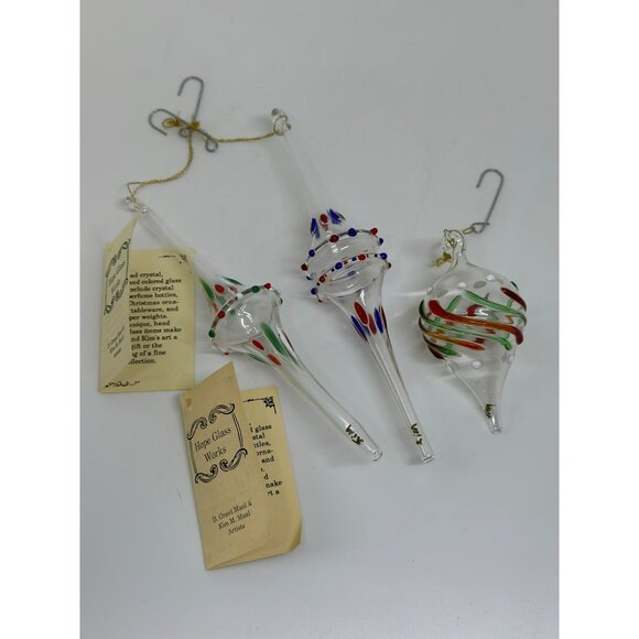 VTG Hopes Glass Works Hand-Blown Glass Christmas Ornaments Set 3 Red Green Blue - Picture 1 of 7